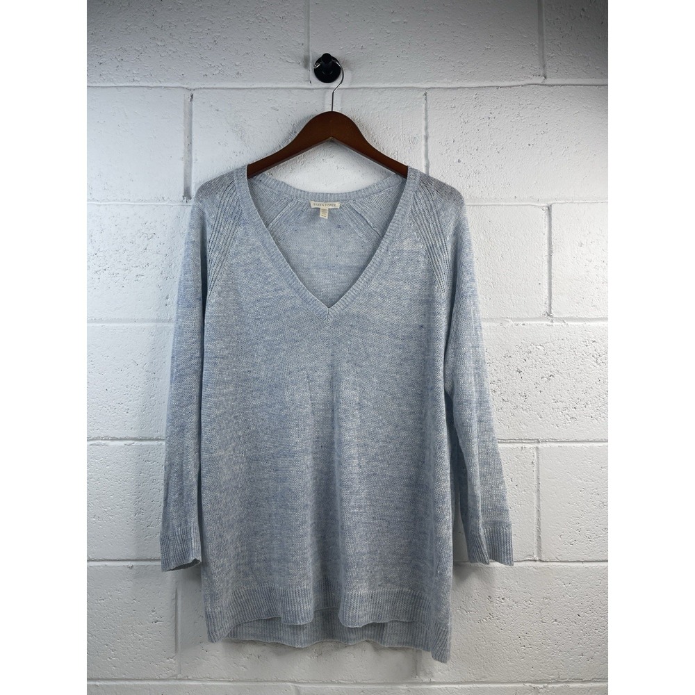 EILEEN‎ FISHER Sweater M Linen Marled Top Deep V-Neck Long Sleeve Pullover Blue